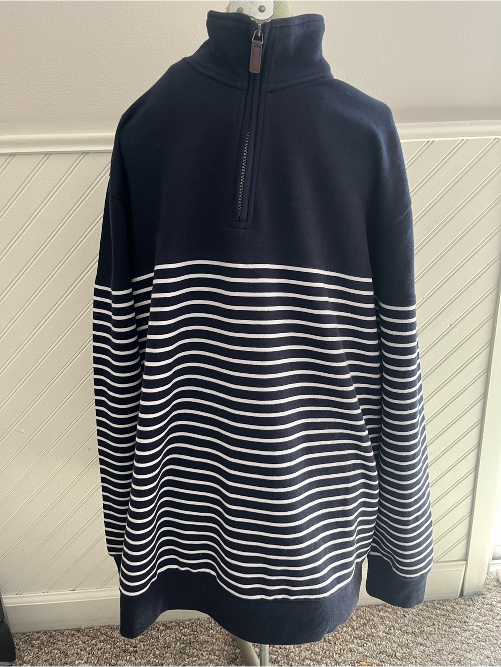 Chaps Navy and White Striped Half-Zip Pullover